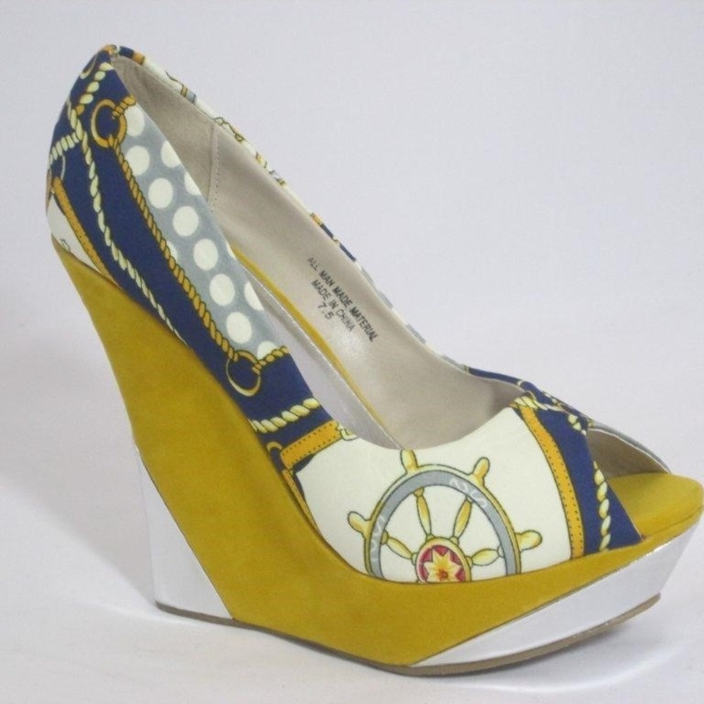 Navy Nautical print Wedge Peep Toe Shoes (NWT)